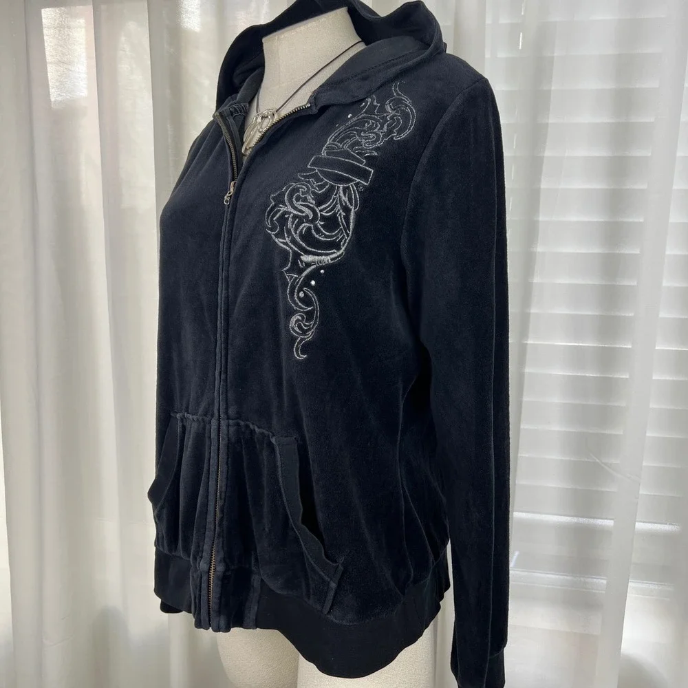 VTG Harley Davidson women XL Velour bling Zip up Hoodie Embroidered Y2K‎ grunge